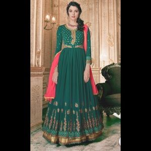 Embroidered Georgette Abaya Style Suit Green